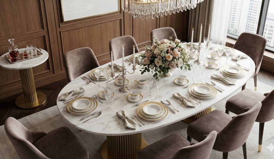 Yemek Odası Şıklığına Mermer Dokunuşlar Giovanni Yemek Masası ve Mia Yan Sehpa Kombinleri